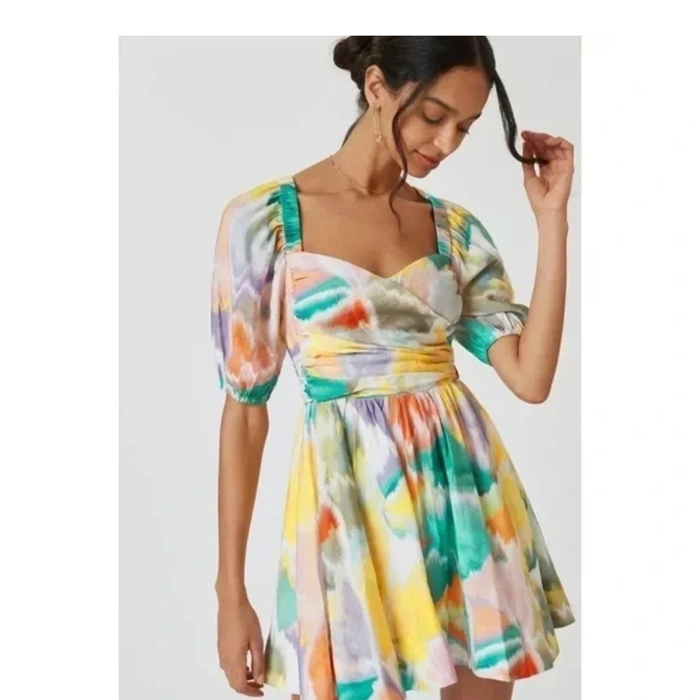 Yellow and Green Puff Sleeve Mini Sundress NWOT